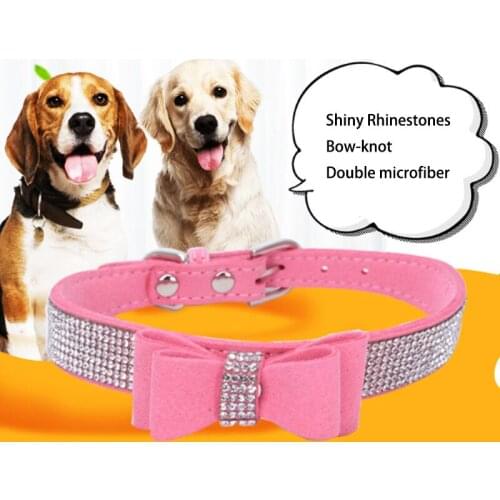 Cute Bow-knot Dog Collars Dog Chain Soft Velvet Rhinestone Designer Dog Collar Bling Crystal Diamond Dog Harness Leash for Teddy