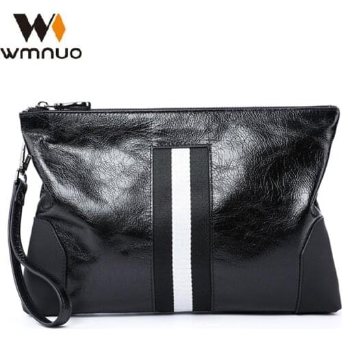 Wmnuo Mens Clutch Bags Cow Genuine Leather Patchwork Big Soft Hand Bag For Male Long Wallets Envelope Bag Zipper Black