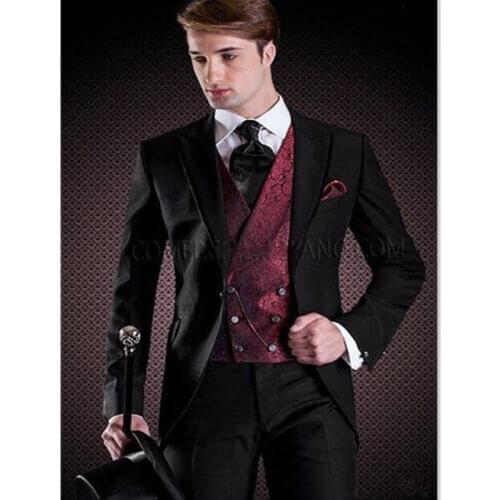 2021 Black Tailcoat Men Suit Slim Fit 3 Piece Burgundy Floral Vest Tuxedo Costume Homme Groom Wedding Suits Terno Masculino