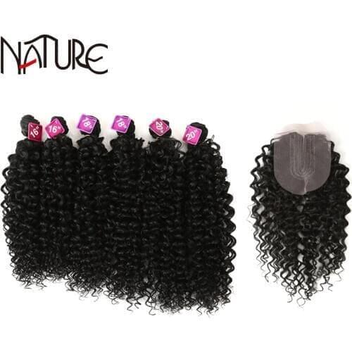 Nature Hair Afro Kinky Curly Hair 16-20inch 7Pieces/lot Synthetic Hair Middle Part Lace Front Closure Bundles With Closure 240g