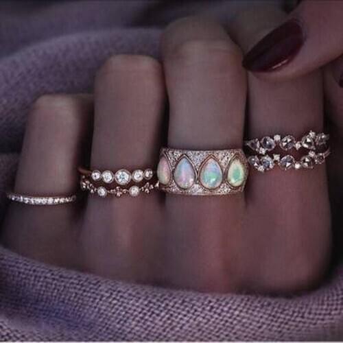2020 New Trendy Personality Transparent Rhinestone Rings for Women Drop-shaped Golden Color Ring Set Female Jewelry Accessories