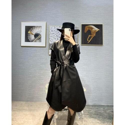 2020 New Ladies Black Soft Real Leather Dress Short Sleeve Belt A Line Knee-Length Dress Runway Club Party Dress