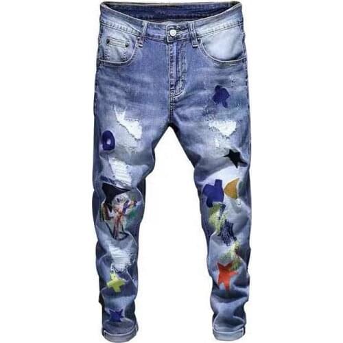New Brand Designer Jeans Mens Bottom Denim Pants Blue Appliqué Patch Paint Ripped Holes Wild Maple Leaf Icon Personality