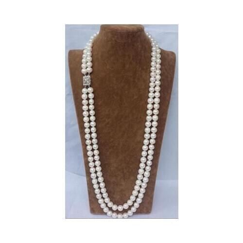 CHARMING NATURAL 2 ROW 9-10MM WHITE AAA++ AKOYA SOUTH SEA PEARL NECKLACE 24" Beads Wedding silver jewelry