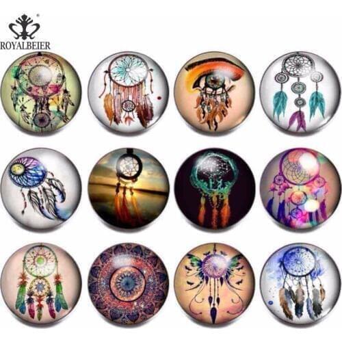 RoyalBeier Dreamcatcher Feather Earrings Snap Buttons 12pcs/Lot 18mm Cabochon Glass Snaps Fit DIY Bracelets For Charm Jewelry
