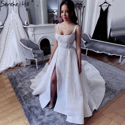 Serene Hill Ivory With Train Sexy Wedding Dresses 2021 Sparkle Beading Lace Luxury Bridal Dress HM67236