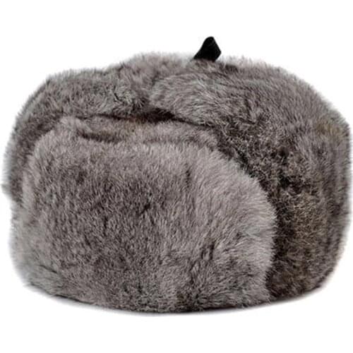 Rabbit Fur Cap Man Winter Genuine 100% Fur Bomber Hat Windproof Warm Earmuffs Male Flat Grey/Black Russian Hat Fitted Casquette