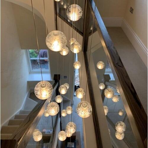 Modern crystal chandelier loft large spiral staircase long hanging lamp villa living room kitchen island crystal ball lighting