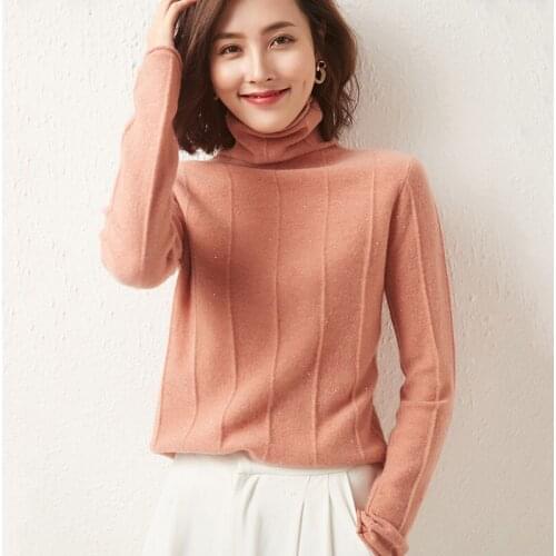 21 Autumn and Winter New Pure Wool Sweater Womens velvet High-Neck slim-fit Pullover Vertical sequin knitted Cashmere Sweater