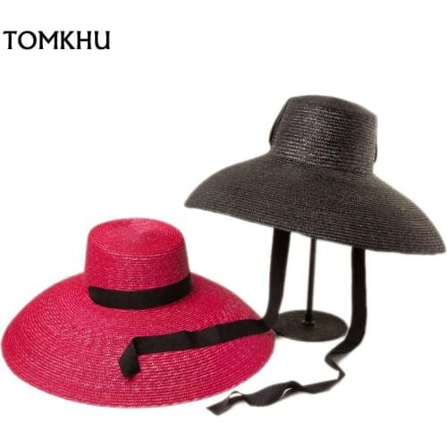 Spring Summer Vintage Custom Flat Top Big Brim Dyed Natural Straw Hat For Women Beach Travel Sunscreen Cap Black Strappy Sun Hat