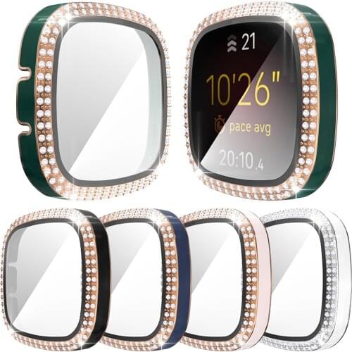 Screen Protector Glass Film Cover for Fitbit Versa 3 2 Sense Watch Case Two-color Women Diamond Hard PC Edge Bumper Slim Shell