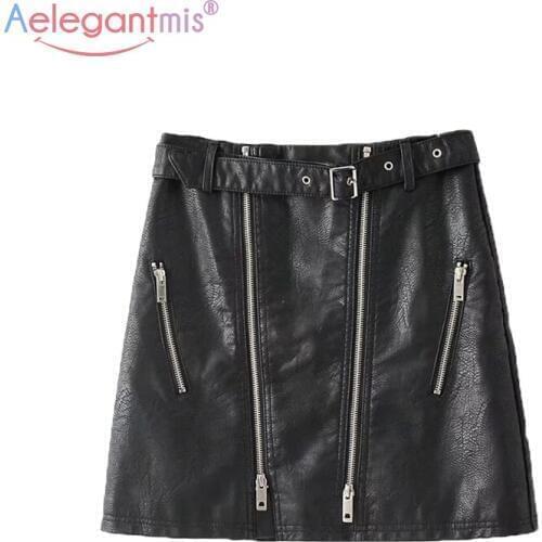 Aelegantmis Elegant Office Lady Black Mini Pu Leather Skirt with Belt Women Summer Zipper Short Skirt Ladies Casual A-line Skirt