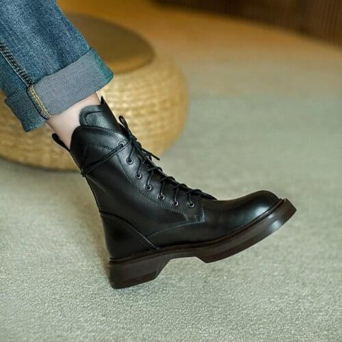 MORDOAN Genuine Cow Leather Lady Boots Womens Thick-soled Short Boots British Style Lace Round Toe Flat Ankle Boots Women