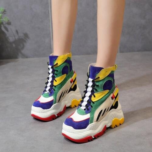 Spring Autumn Korean Style Wedges Height Increasing Platform Mixed Colors Genuine Leather Women High-top Equestrian Boots 2021