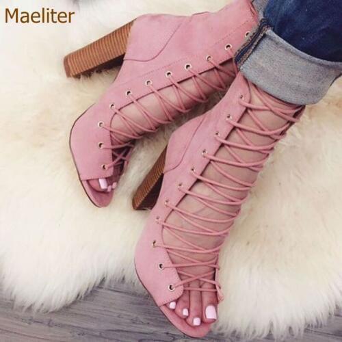 Women Pink Suede Lace-up Chunky Heel Motorcycle Boots Open Toe Cross Strappy Thick Heel Sandal Boots Sexy Gladiator Shoes