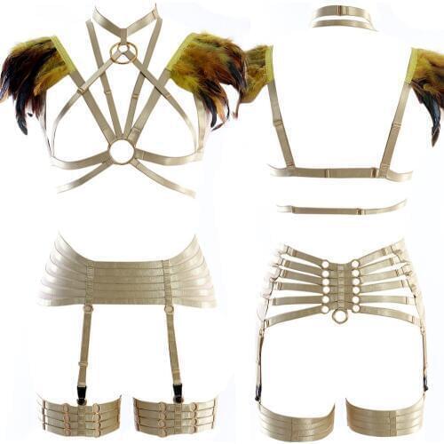 Feathers Shoulder Epaulettes Full Body Harness Bra Set Harajuku Strappy Cage wings burning man Festival Rave Women Plus Size