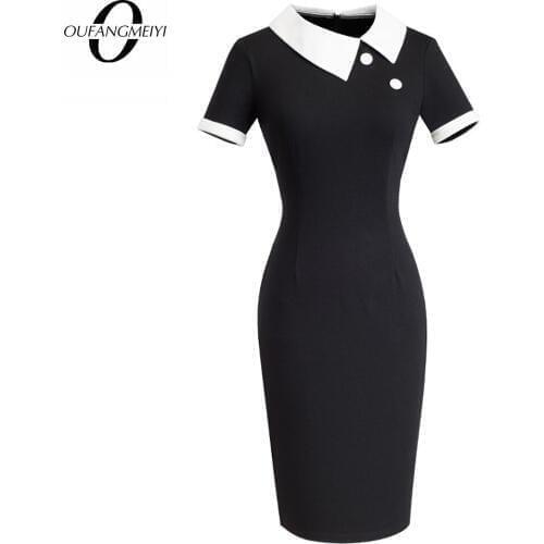 Women Elegant Black Contrast Patchwork Work Office Business Sheath Vintage Button Turn-down Collar Pencil Dress EB506