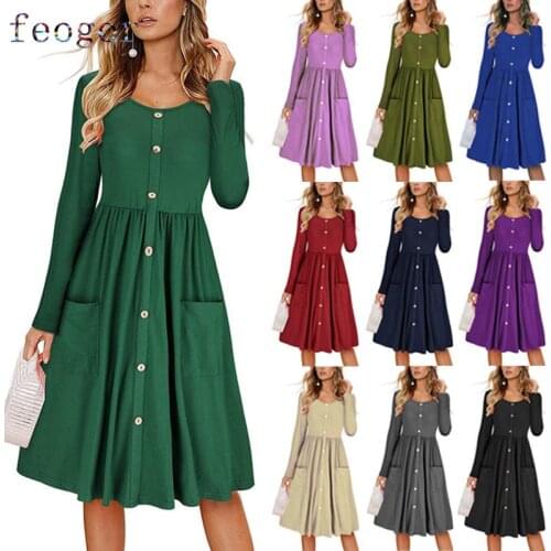 FEOGOR 2021 early autumn round neck button waist pocket long skirt female solid color long-sleeved dress womens clothing
