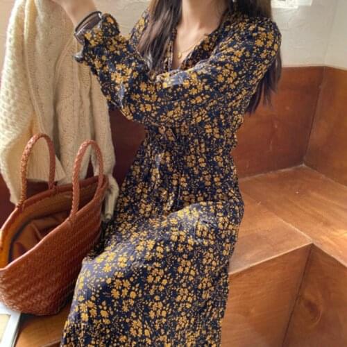 Women spring long sleeve v neck high waist long floral dress bodycon ruffle hem pullover basic dresses