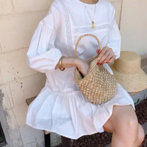 SHIJIA 2021 Loose Dresses for Women New Summer O-neck Korean Chic Vestidos A-line Puff-sleeve White Solid Dresses Female