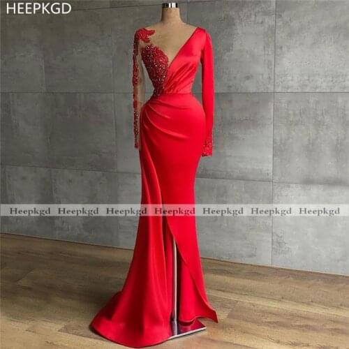 Hot Red Long Sleeves Mermaid 2021 Evening Dress Sheer See Through High Slit Crystals Satin Sexy Special Occasion Evening Gowns