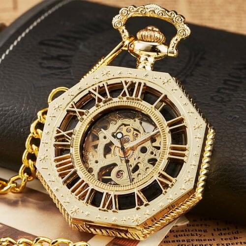 Gold Mechanical Pocket Watch for Men Antique Steampunk Skeleton Roman Numeral Fob Chain Pendant Hand Winding montre de poche