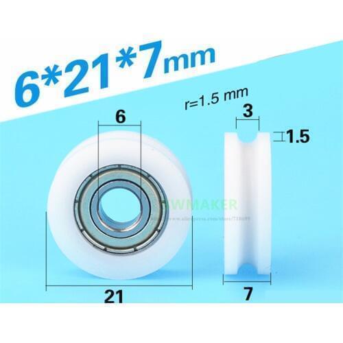 1pcs 6*21*7mm U grooved wheel, nylon coated plastic pulley, bearing wheel, for mobile door / window / Showcase