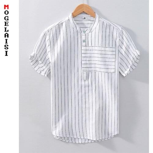 2021 Striped fashion linen cotton short sleeve shirt Casual summer Breathable soft tops Asian size XXXL 868