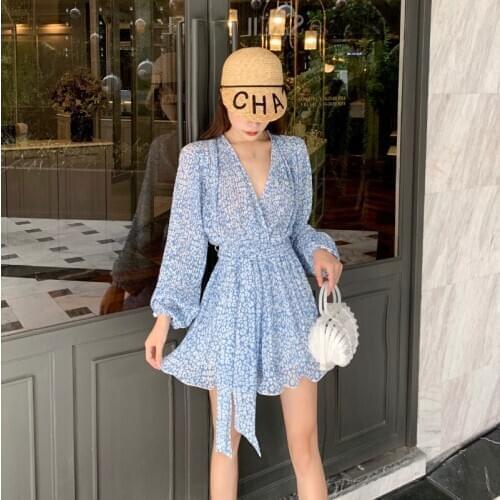 Elegant Floral Print Long Sleeve Women Romper Dresses Autumn Casual V Neck Chiffon Dress Vintage Beach Party Vestidos