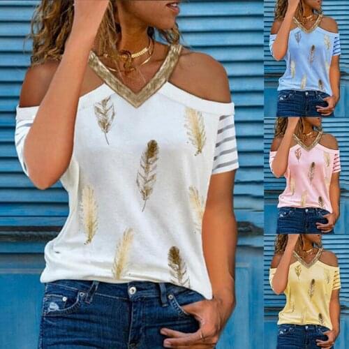 Summer V-neck Off Shoulder Tops Feather Print T-shirt Casual Women Shirt Vintage Loose Short Sleeve Pullover Tshirt