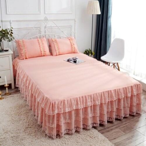 3pcs Set European Romance Lace Bed skirt Soft Brushed Fabric Bedspread Princess King Queen Size 1pc Bed Skirt +2pccs Pillowcase