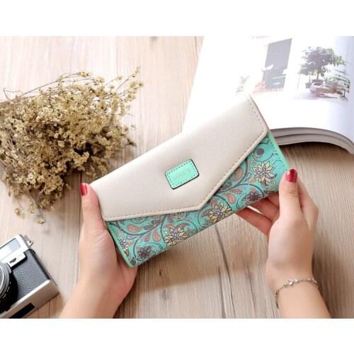 Korean Version of The Garden Small Floral Rhombus Contrast Color Envelope Buckle Lady Purse Tri-fold Female Bag Clutch Wallet