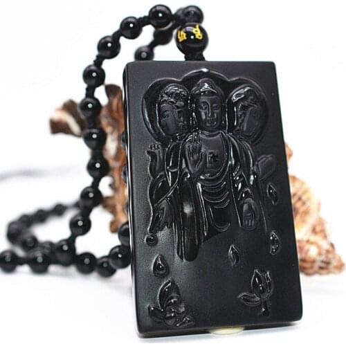 Natural Obsidian Three-sided Guanyin Pendant Monkey Necklace Man Exquisito Jewellery Fashion Accessories Hand-Carved Luck Amulet