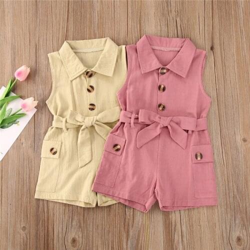 New Summer Kids Baby Girl Button Sashes Romper Casual Lapel Clothes Children Girls Jumpsuit Sleeveless Overalls Outfits 1-5Y New