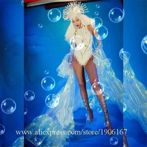 New Ballroom Dancer Singer Wears Costumes DS Bodysuit Pearl Outfit Dresses Clothes Party Ocean Theme Cloak Performance Headdress