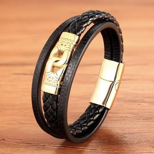 Classic Men Jewelry Genuine Leather Bracelets Stainless Steel Bracelets Black Rope Chain Fashion Wristband for Male Gift Magnet