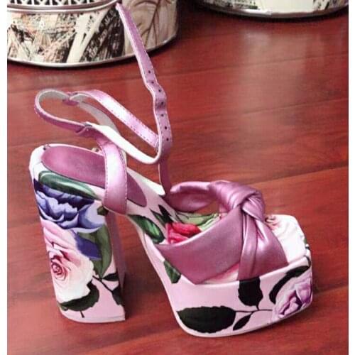 Charming Woman Flower Leather High Platform Chunky High Heels Sandals Summer Gladiator Crossed Square Peep Toe Party Dress Shoes