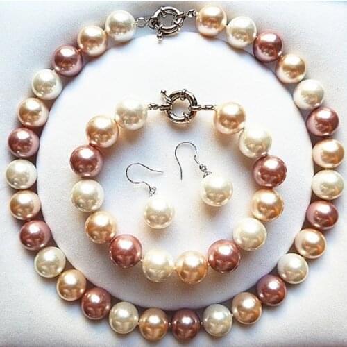 Wholesale design Stunning 12mm color shell Pearl necklace bracelet earring set fashion jewelry set