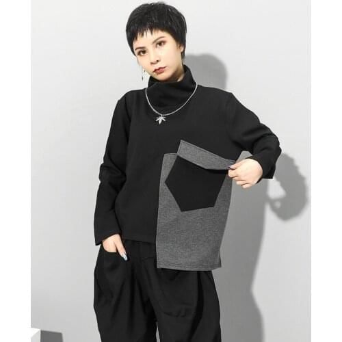 Autumn and winter 2021 new high collar Pullover color contrast stitching irregular sweater Street loose casual versatile T-shirt