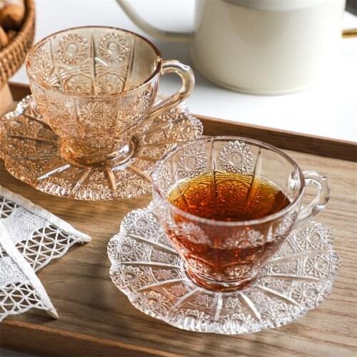 Nordic Transparent Glass Embossed Flower Pattern Coffee Milk Mug Office Afternoon Tea Cups with Saucer Set Drinkware 170ML