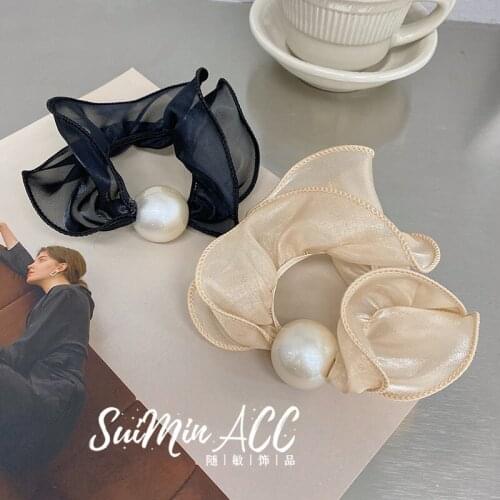 Ins Luxury Shiny Silk Pearl Rubber Bands Hair Accessories Headbands For Ladies Solid Color Lace Satin Pearl Hairbands Headdress