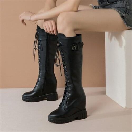PXELENA Hot Buckle Genuine Leather Knee High Cosplay Boots Hidden Wedge High Heels Combat Motorcycle Punk Rock Gothic Long Boots