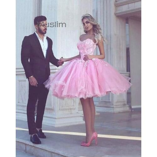 Sexy Puffy Pink Prom Dresses 2020 Sweetheart Tulle Short Evening Dress With Lace Appliques A Line Formal Party Dresss Night Wear