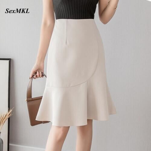 Women Summer Black Skirts 2020 Elegant High Waist Korean Skirt Clothing Fashion Knee Length ruffles Japanese Office Midi Skirt
