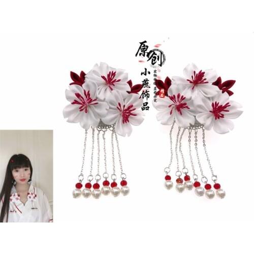 Cosplay Ancient Yukata Haori Hair Clip Tsumami zaiku Kimono Headdress White Hair Ornament Retro Sakura Tassels Hairpin Barrettes