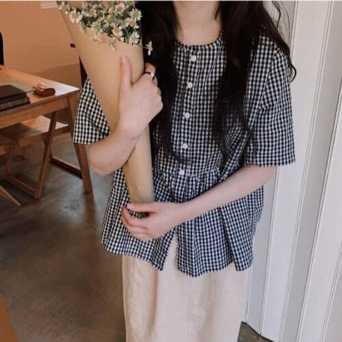 Half Sleeve Top Single Breasted Shirt Women Summer Sweet Black and White Plaid Blouse Ruffle Hem