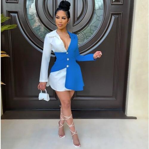 Women Color Matching Shirt Irregular Mini Dress Summer Fashion Casual Long Sleeve Commute Irregular Shirt Dress Women