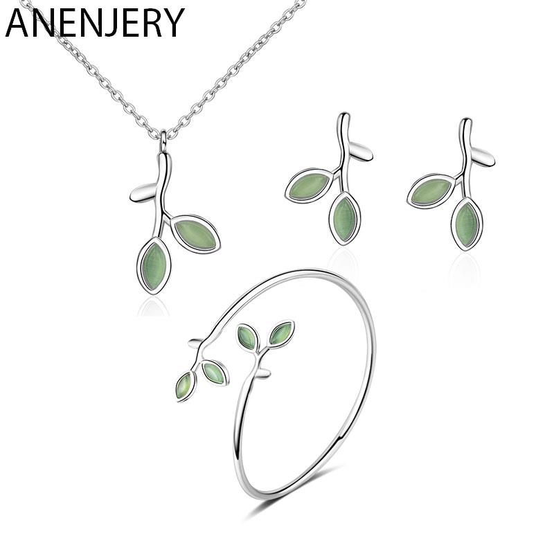 925 Sterling Silver Opal Leaf Bud Necklace+Earrings+Bracelet For Women Jewelry Sets Gift