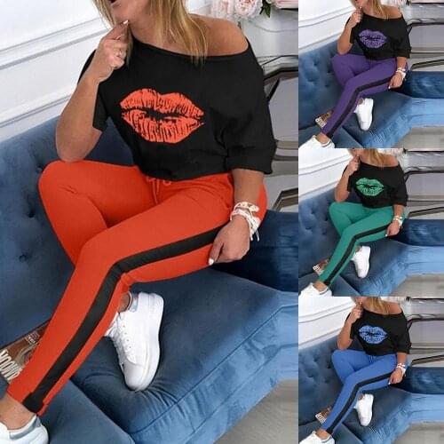 Summer Women Lips Print Two Piece Set Off Shoulder tee- Top Pencil Jogger Sweatpants Suit Sporting Tracksuit Overalls