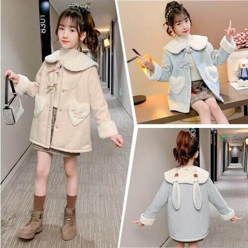 2020 Cartoon Rabbit Woolen Winter Coat Long Thicken Jacket For Girls Cotton Childrens Jacket Girls Clothes For 4-12 Years Old